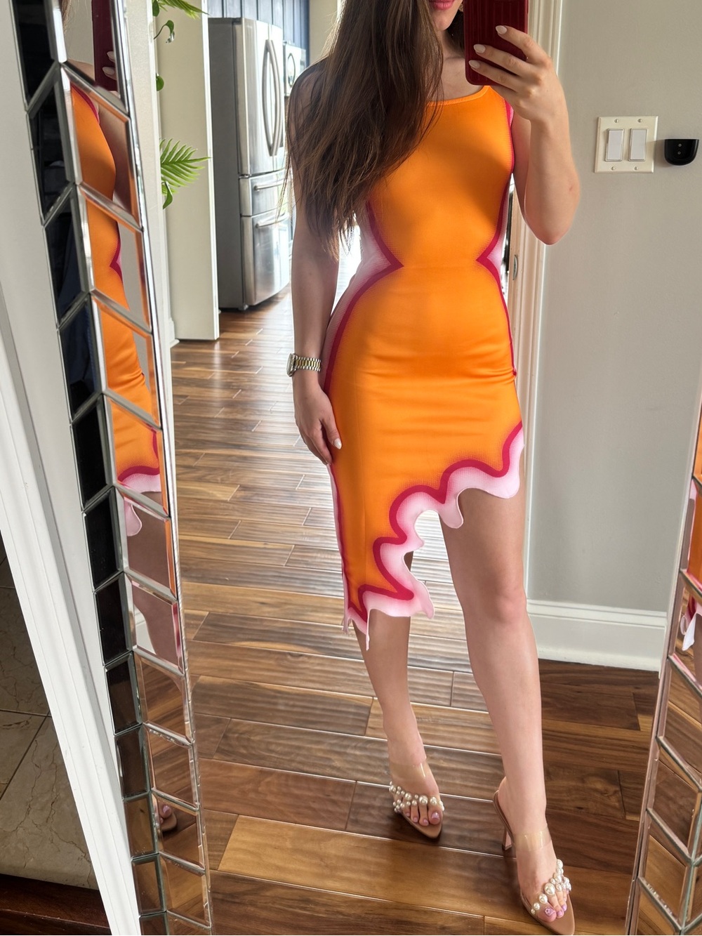 Women's Orange Sculpted Bodycon Dress with Pink Trim